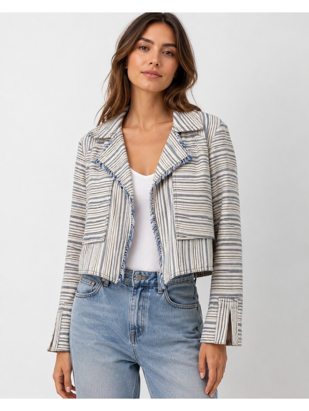 Striped Blue and Cream Cropped Blazer Jacket
